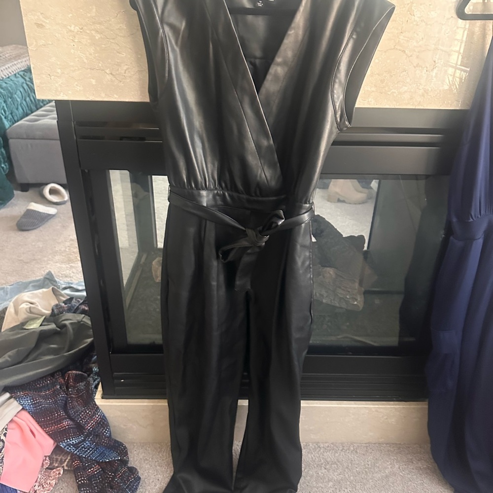 INC International Concepts Black Belted Jumpsuit Faux Leather - Picture 2 of 6
